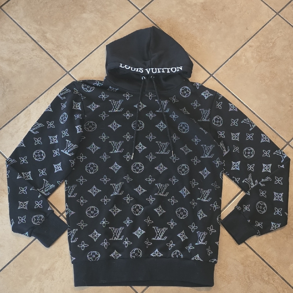 LV Black Logo Print Hoodie Sweatshirt Sz L Woman M Men